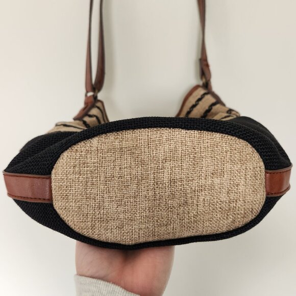 Lucky Brand Purse Tan Brown Natural Linen Faux Leather Bucket Hobo Crossbody Bag - Picture 9 of 13